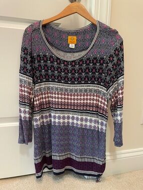 Ruby Rd. Navy, Purple & Pink Patterned Long Sleeve Scoop Neck Top